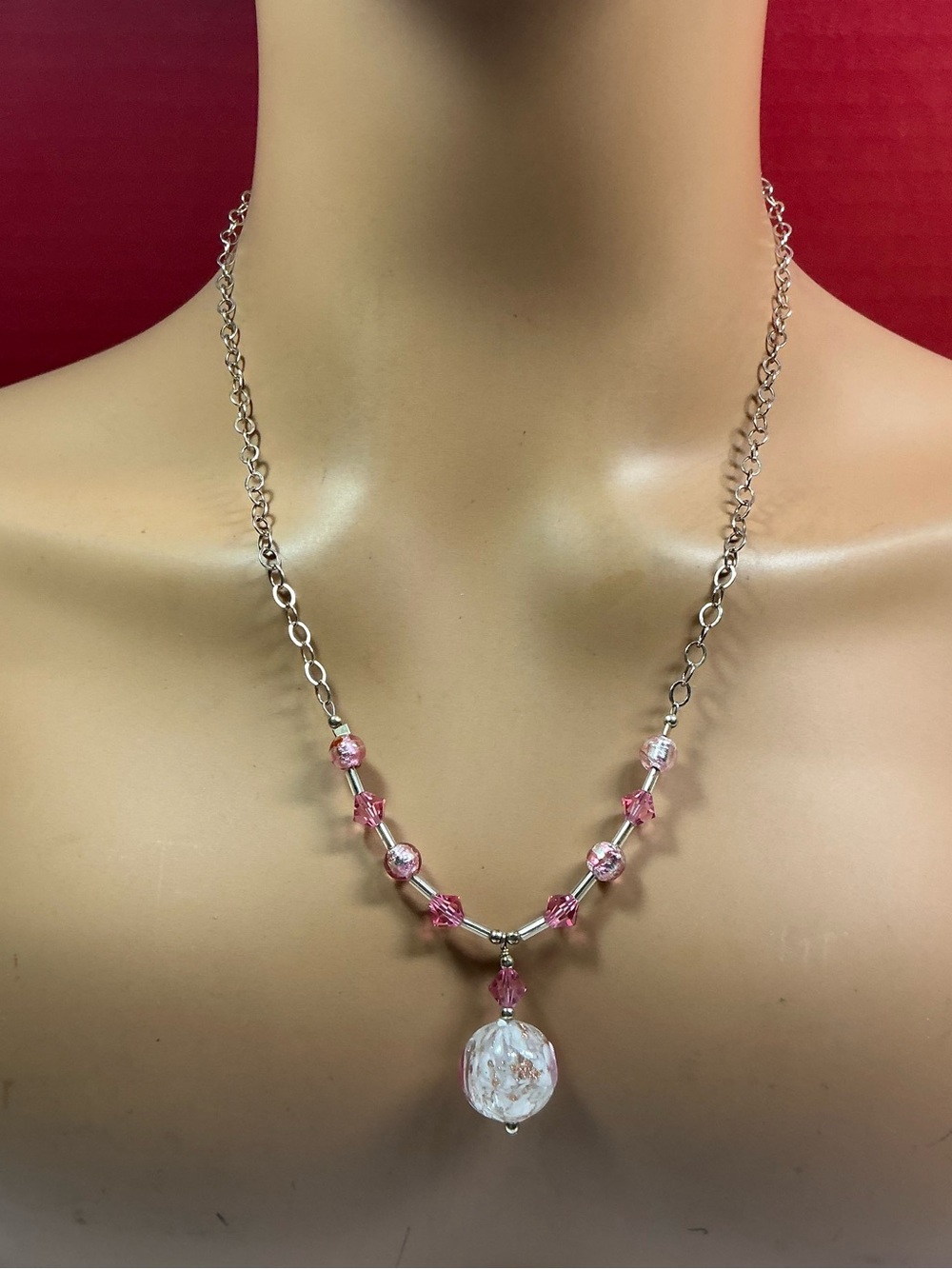 Sterling Silver Pink Beaded Pendant Necklace. 21 inches long